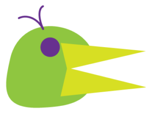 Illustration of bird head, lime green head with two purple hairs sticking out, round purple eye and two yellow triangles for the beak.