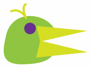 Illustration of bird head, lime green head with two purple hairs sticking out, round purple eye and two yellow triangles for the beak.