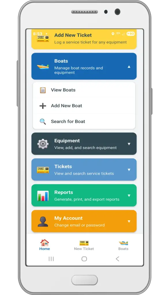 Welcome screen for Marine Electronics Tracker app shows options for boats button