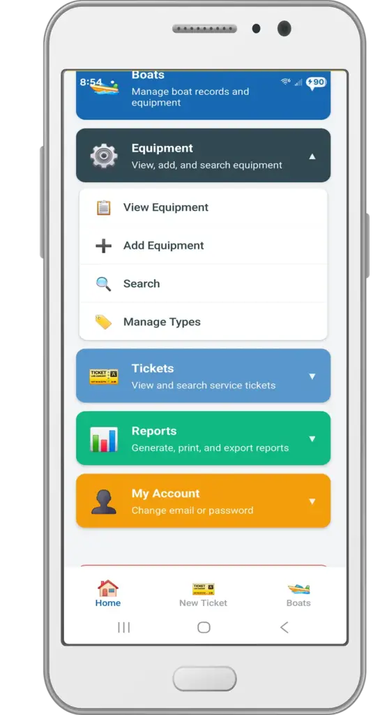 Welcome screen for Marine Electronics Tracker app shows options for Equipment button