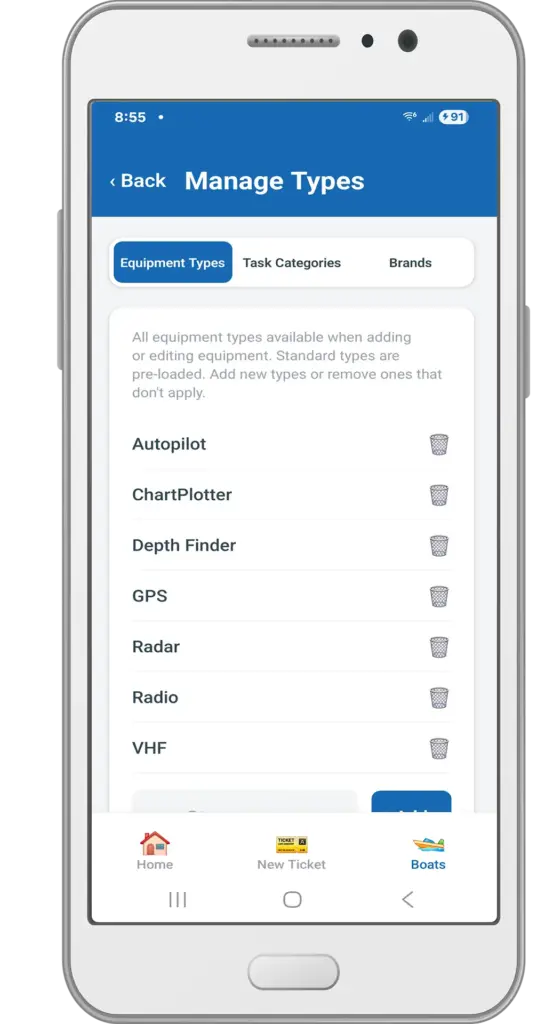 Welcome screen for Marine Electronics Tracker app shows Manage Types options for Equipment