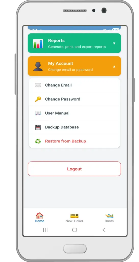 Welcome screen for Marine Electronics Tracker app shows options for My Account button