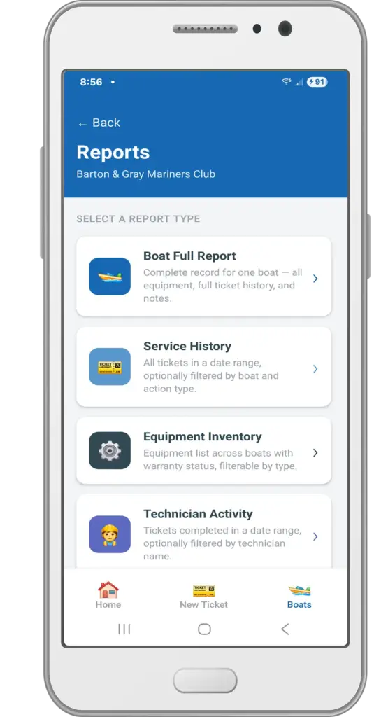 Welcome screen for Marine Electronics Tracker app shows options for Reports home screen