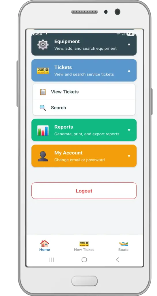 Welcome screen for Marine Electronics Tracker app shows options for tickets button