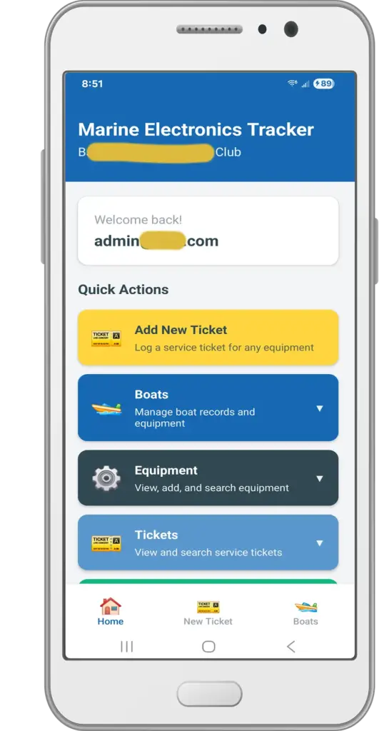Welcome screen for Marine Electronics Tracker app shows various navigation buttons
