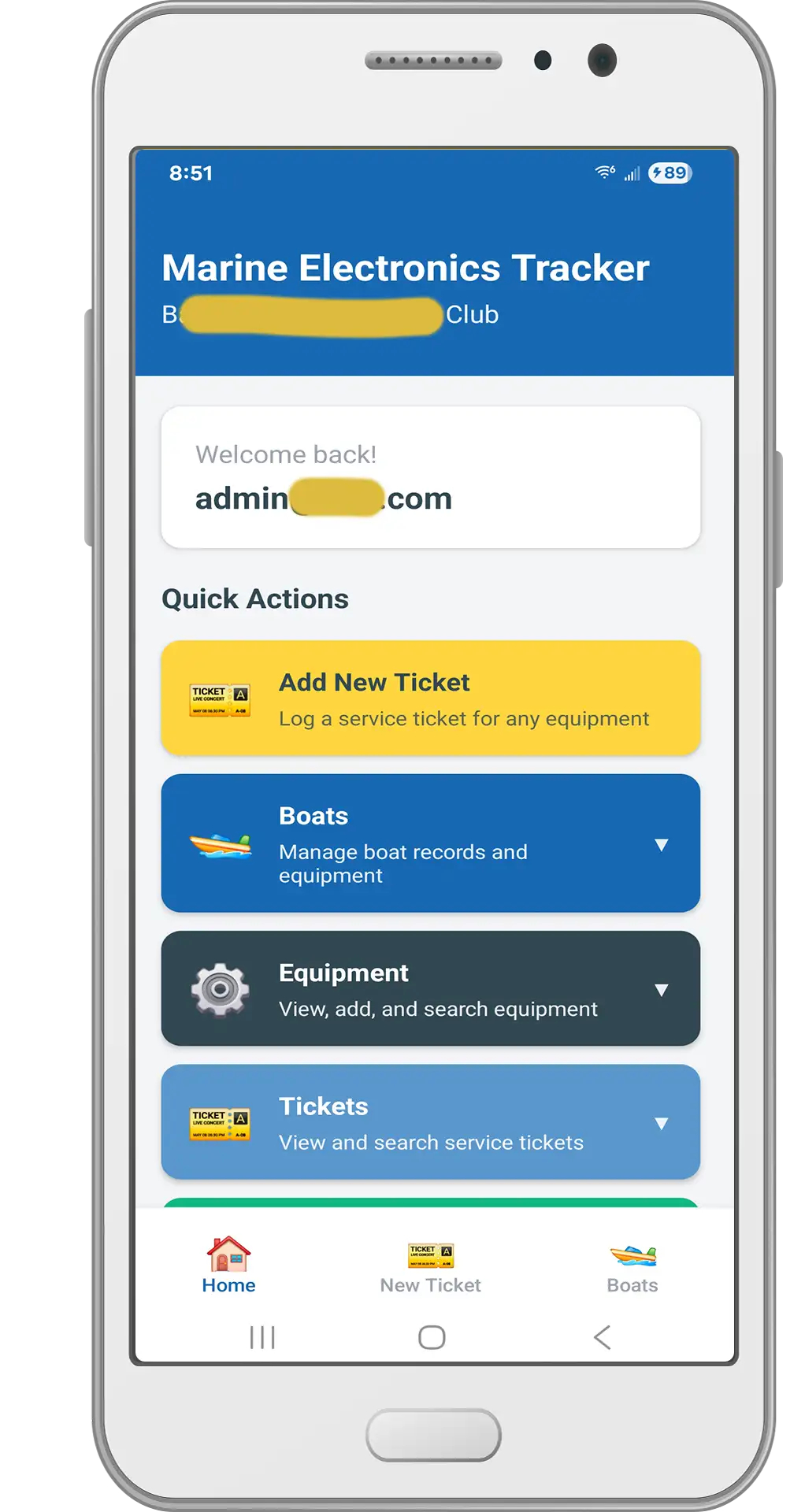 Welcome screen for Marine Electronics Tracker app shows various navigation buttons